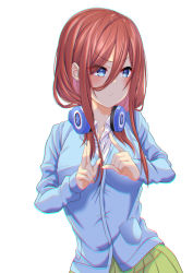 Rule 34 | 1girl, absurdres, blue cardigan, blue eyes, blush, breasts, brown hair, cardigan, closed mouth, collarbone, collared shirt, commentary request, contrapposto, cowboy shot, go-toubun no hanayome, green skirt, hair between eyes, hand gesture, headphones, headphones around neck, highres, huge filesize, large breasts, long hair, long sleeves, looking to the side, nakano miku, pleated skirt, pout, school uniform, shirt, sidelocks, simple background, skirt, slope (check238), solo, standing, taut clothes, white background, white shirt
