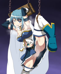 Rule 34 | 10s, 1girl, anus, armpits, arms up, bdsm, belt, blue eyes, blue hair, blush, bondage, boots, bound, breasts, cape, censored, chain, cleavage, elbow gloves, flt, gloves, highres, leg lift, leg up, mahou shoujo madoka magica, matching hair/eyes, miki sayaka, mosaic censoring, no panties, open mouth, pillory, pussy, short hair, skirt, solo, standing, steam, stocks, thighhighs, zettai ryouiki