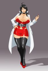 Rule 34 | 1girl, absurdres, ahoge, belt, black hair, black thighhighs, breasts, brown eyes, bustier, choker, cleavage, collarbone, devil-v, fingernails, glasses, gradient background, hand on own hip, hand up, highres, huge breasts, lab coat, long hair, long sleeves, looking to the side, midriff, miniskirt, nail polish, navel, red footwear, red skirt, revealing clothes, shadow, shiny clothes, shiny skin, shirt, shoes, skirt, solo, standing, strapless, thighhighs