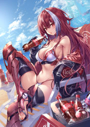 1girl armor armored_boots bare_shoulders beach bikini black_jacket blush boots bottle breasts chair choker cleavage coca-cola day feet gloves greaves groin heirou high_heel_boots high_heels highres holding holding_bottle jacket long_hair looking_at_viewer lounge_chair medium_breasts multicolored_hair nail_polish navel off_shoulder open_clothes open_jacket open_mouth original outdoors red_choker red_hair sidelocks silver_hair sitting skindentation solo stomach streaked_hair string_bikini swimsuit thighs toeless_footwear toenail_polish toenails very_long_hair white_bikini