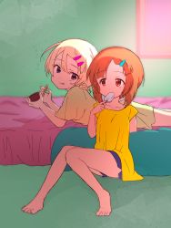 Rule 34 | 2girls, :q, barefoot, bed, bedroom, blonde hair, blue eyes, blue shorts, blurry, blurry background, body pillow, braid, brown eyes, brown hair, casual, closed mouth, cup, darjeeling (girls und panzer), food, food in mouth, girls und panzer, hair ornament, hairclip, highres, holding, holding cup, holding food, indoors, lying, multiple girls, nishizumi miho, on bed, on stomach, pillow, popsicle, popsicle stick, rurikoke, shirt, short hair, short shorts, shorts, sitting, sleepwear, smile, tongue, tongue out, yellow shirt
