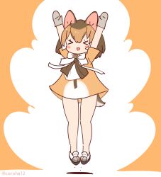 Rule 34 | 1girl, animal ears, bow, bowtie, brown background, brown dress, brown hair, chevrotain (kemono friends), closed eyes, coroha, dress, extra ears, full body, gloves, jumping, kemono friends, multicolored hair, shoes, short hair, simple background, solo, tail, two-tone hair, white hair