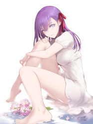 Rule 34 | 1girl, barefoot, breasts, dress, fate/stay night, fate (series), feet, flower, hair ribbon, highres, knees up, ku99 (kugugu), large breasts, legs, long hair, looking at viewer, matou sakura, official alternate costume, parted lips, puffy short sleeves, puffy sleeves, purple eyes, purple hair, red ribbon, ribbon, short sleeves, simple background, sitting, solo, white background, white dress