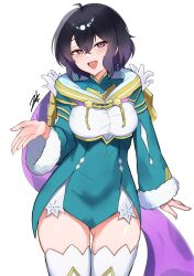 1girl :d black_hair blue_dress cowboy_shot dress fire_emblem fire_emblem_awakening fire_emblem_heroes hair_between_eyes highres long_sleeves looking_at_viewer morgan_(female)_(fire_emblem) morgan_(female)_(resplendent)_(fire_emblem) morgan_(fire_emblem) nintendo official_alternate_costume open_mouth short_dress short_hair smile solo thick_thighs thighhighs thighs white_background zet_(twt_zet) zettai_ryouiki