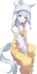 Rule 34 | 1girl, animal ears, beanie, blue eyes, blue hair, detached sleeves, ears through headwear, feet out of frame, hat, horse ears, horse girl, horse tail, invisible chair, looking at viewer, mamezou (tzakki023), open mouth, overalls, pom pom (clothes), seiun sky (umamusume), shirt, short hair, single bare shoulder, sitting, smile, solo, strap slip, tail, turtleneck, umamusume, white hat, white shirt