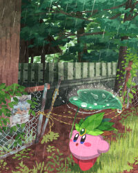 Rule 34 | blue eyes, chain-link fence, commentary, copy ability, fence, forest, gem, green gemstone, highres, kirby, kirby (series), leaf, leaf kirby, leaf umbrella, miclot, nature, nintendo, no humans, open mouth, rain, red footwear, shoes, water drop