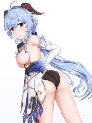 Rule 34 | 1girl, ahoge, ass, back, backless outfit, bell, black gloves, black leotard, blue hair, blush, breasts, clothes pull, clothing aside, commentary, commentary request, detached sleeves, ganyu (genshin impact), genshin impact, gloves, gold trim, hand on own chest, highres, horns, leotard, leotard under clothes, long hair, looking at viewer, low ponytail, medium breasts, neck bell, nipples, parted lips, pulling own clothes, purple eyes, sideboob, sidelocks, solo, standing, twitter username, waist cape, white background, white sleeves, zuikillme
