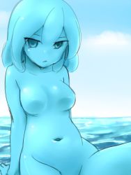 Rule 34 | 1girl, arm support, belly, blue eyes, blue hair, blue skin, blue theme, breasts, colored skin, groin, matching hair/eyes, monochrome, monster girl, navel, no nipples, nude, original, out-of-frame censoring, regdic, sitting, sketch, sky, slime (substance), slime girl, solo, water