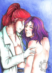 Rule 34 | body blush, doctor, embarrassed, glasses, gloves, green eyes, hospital, lab coat, lip piercing, male focus, medical, piercing, ponytail, purple hair, red hair, topless male, teeth, trap, yaoi