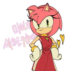 Rule 34 | 1girl, alternate costume, amy rose, animal ears, animal nose, atonrg, closed mouth, furry, furry female, gloves, green eyes, hairband, heart, korean text, looking at viewer, red hairband, simple background, smile, solo, sonic (series), standing, translation request, white background, white gloves
