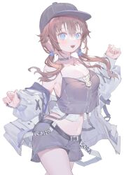 Rule 34 | 1girl, absurdres, baseball cap, belt, blue eyes, brown hair, choker, crop top, flower, hair flower, hair ornament, hat, highres, hololive, jacket, jacket partially removed, low twintails, luzi/fengli nanzi, midriff, navel, off shoulder, open mouth, simple background, skirt, smile, solo, tokino sora, tokino sora (streetwear), twintails, virtual youtuber, white background