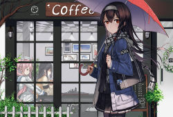 Rule 34 | 3girls, :3, ahoge, akagi (warship girls r), aoba (warship girls r), bag, battleship, black hair, black legwear, black skirt, black vest, blush, braid, bush, cafe, cat, ceiling, character name, cup, door, drinking glass, english text, fence, floral print, framed, fringe trim, glass, glint, grey shirt, hair ribbon, hairband, half updo, hat, head wreath, holding, holding cup, holding drinking glass, holding umbrella, hood, hood down, hooded jacket, jacket, jewelry, charm (object), lamp, lens flare, light, long hair, long sleeves, looking at viewer, menu board, military, military vehicle, miniskirt, model, multiple girls, name tag, official art, open mouth, original, painting (object), pantyhose, photo (object), picture frame, pink hair, plaid, plaid scarf, pleated skirt, red ribbon, ribbon, ring, scarf, shi-chen, ship, shirt, shoulder bag, sitting, skirt, sparkle, star (symbol), sticker, storefront, table, taihou (warship girls r), text focus, thighhighs, tree, twin braids, twintails, umbrella, vest, walking, warship, warship girls r, watercraft, white ribbon, wooden fence