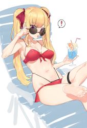 Rule 34 | !, 1girl, absurdres, bad id, bad pixiv id, barefoot, bikini, blonde hair, breasts, cleavage, cup, drinking glass, drinking straw, feet, food, fruit, highres, long hair, looking at viewer, medium breasts, nijisanji, open mouth, orange (fruit), orange slice, purple eyes, red bikini, simple background, sitting, solo, spoken exclamation mark, suisogenshi, sunglasses, swimsuit, takamiya rion, twintails, very long hair, virtual youtuber, white background