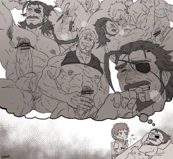 Rule 34 | 3boys, anal, anus, ass, bara, beard, blush, cum, dreaming, drooling, erection, eyepatch, facial hair, granblue fantasy, kiss, male focus, male penetrated, masturbation, multiple boys, muscular, phone, presenting, rlbiok, saliva, sex, sleeping, yaoi