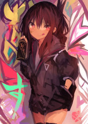 Rule 34 | 1girl, :q, absurdres, alternate costume, black thighhighs, brown eyes, brown hair, folded ponytail, graffiti, hand in pocket, highres, hood, hooded jacket, hoodie, inazuma (kancolle), jacket, kaamin (mariarose753), kantai collection, paint splatter, paint splatter on face, pocket, ponytail, smile, solo, spray can, tehepero, thighhighs, thighs, tongue, tongue out