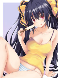 Rule 34 | 1girl, bikini, black hair, blush, breasts, casual, cleavage, eating, food, hair ribbon, iwashi dorobou -r-, long hair, looking at viewer, medium breasts, neptune (series), noire (neptunia), panties, popsicle, red eyes, ribbon, smile, striped clothes, striped panties, swimsuit, tongue, tongue out, twintails, underwear