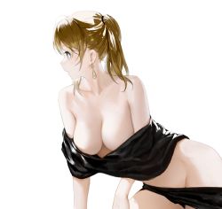 Rule 34 | 1girl, absurdres, blonde hair, breasts, cloak, cloth, cowboy shot, earrings, egk513, groin, hair over shoulder, highres, jewelry, large breasts, leaning forward, looking away, medium hair, naked shawl, original, profile, simple background, solo, twintails, white background