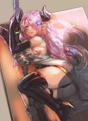 Rule 34 | 10s, 1girl, ass, asymmetrical gloves, black footwear, black gloves, black thighhighs, boots, bow (bhp), braid, breasts, china dress, chinese clothes, demon horns, draph, dress, elbow gloves, gloves, granblue fantasy, hair ornament, hair over one eye, horns, katana, large breasts, light purple hair, long hair, lying, narmaya (granblue fantasy), on side, parted lips, pointy ears, single braid, single thighhigh, sketch, sleeping, solo, sword, thigh strap, thighhighs, thighs, uneven gloves, weapon