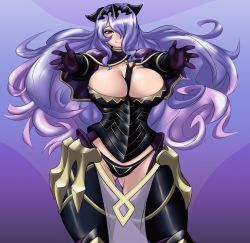 Rule 34 | 1girl, absurdres, black panties, breasts, camilla (fire emblem), cleavage, closed mouth, cowboy shot, fire emblem, fire emblem if, gloves, gluteal fold, gradient background, hair ornament, hair over one eye, highres, kyelyn, large breasts, looking at viewer, nintendo, panties, purple background, purple eyes, purple hair, short cape, smile, solo, underwear