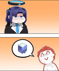 Rule 34 | 1boy, 1girl, 2koma, doodle sensei (blue archive), blazer, blue archive, blue necktie, blunt bangs, c/h, collared shirt, comic, commentary, cube, english commentary, gameplay mechanics, hair ornament, halo, highres, jacket, long hair, long sleeves, looking at viewer, necktie, purple eyes, purple hair, school uniform, sensei (blue archive), shirt, sidelocks, silent comic, spoken object, staring, sweat, nervous sweating, two side up, yuuka (blue archive)