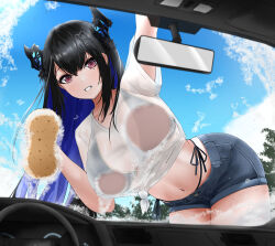 Rule 34 | 1girl, absurdres, against glass, aidoruhakase, alternate costume, bent over, bikini, bikini under clothes, black bikini, black hair, black horns, blue hair, blue shorts, blue sky, breast press, breasts, breasts on glass, car interior, cloud, colored inner hair, commentary, day, demon horns, denim, denim shorts, english commentary, from inside, grin, hair between eyes, hair ornament, highleg, highleg bikini, highres, holding, holding sponge, hololive, hololive english, horns, large breasts, left-hand drive, light blush, long hair, looking at viewer, midriff, mole, mole under eye, multicolored hair, navel, nerissa ravencroft, pink eyes, rear-view mirror, see-through, see-through shirt, shirt, short shorts, short sleeves, shorts, side-tie bikini bottom, sky, smile, soap bubbles, solo, sponge, steering wheel, string bikini, swimsuit, tied shirt, two-tone hair, very long hair, virtual youtuber, washing vehicle, wet, wet clothes, wet shirt, white shirt, windshield, x hair ornament