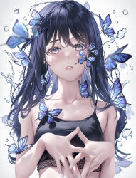 Rule 34 | 1girl, bare shoulders, black camisole, black hair, bug, butterfly, camisole, collarbone, crop top, crying, crying with eyes open, grey eyes, highres, insect, lace trim, long hair, mhru, original, parted lips, sleeveless, solo, tears, upper body, water
