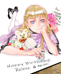 Rule 34 | 1girl, 2021, ankle bow, ankle ribbon, black footwear, blonde hair, blue eyes, bow, character name, closed mouth, dated, dress, earrings, flower, gundam, gundam wing, happy birthday, head rest, jewelry, kajikaono, leg ribbon, legs up, long hair, looking at viewer, lying, on stomach, pantyhose, pink flower, purple dress, purple sweater, relena peacecraft, ribbon, rose, smile, solo, striped, striped bow, stuffed animal, stuffed toy, sweater, sweater dress, teddy bear, the pose, white flower, white pantyhose, white rose
