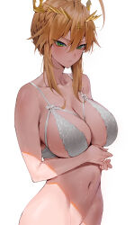 Rule 34 | 1girl, absurdres, artoria pendragon (fate), artoria pendragon (lancer) (fate), blonde hair, blush, bottomless, bra, braid, breasts, cleavage, collarbone, crown, dated commentary, fate/grand order, fate (series), green eyes, groin, hair between eyes, highres, large breasts, looking at viewer, navel, out-of-frame censoring, rororo, sideboob, sidelocks, simple background, solo, stomach, underwear, underwear only, upper body, white background, white bra