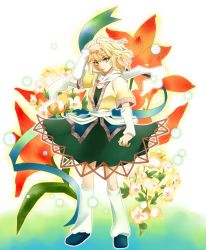 Rule 34 | 1girl, black dress, black footwear, blonde hair, breasts, closed mouth, commentary request, danmaku, dress, expressionless, flower, full body, green eyes, highres, hypoxis, looking at viewer, mizuhashi parsee, orange flower, pointy ears, red flower, sash, scarf, shirt, shoes, short hair, small breasts, socks, solo, standing, touhou, white sash, white scarf, yellow shirt