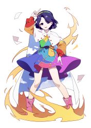 Rule 34 | 1girl, :3, absurdres, arm up, bag, bing zizi, blue eyes, blue hair, boots, bow, buttons, cape, cloud print, dress, fire, footwear bow, full body, hairband, highres, index finger raised, long sleeves, looking at viewer, multicolored clothes, multicolored dress, multicolored hairband, open mouth, parody, pink footwear, pointing, pointing down, pointing up, puffy long sleeves, puffy sleeves, purple hair, rainbow gradient, satchel, short hair, simple background, sky print, smile, solo, standing, tenkyuu chimata, touhou, two-sided cape, two-sided fabric, unconnected marketeers, white background, white bow, white cape