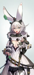 Rule 34 | 1girl, absurdres, ahoge, animal ears, belt, black hair, blue eyes, bracelet, breasts, rabbit ears, chain, cleavage, clover, collar, dress, elphelt valentine, fake animal ears, fingerless gloves, flower, four-leaf clover, gloves, guilty gear, guilty gear xrd, hair between eyes, highres, jewelry, large breasts, looking at viewer, mac star, medium hair, open mouth, simple background, smile, solo, spiked bracelet, spiked collar, spikes, tongue, tongue out, wedding dress, white hair