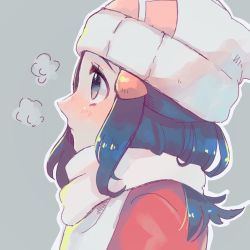 Rule 34 | 1girl, alternate costume, beanie, blue hair, blush, breath, closed mouth, coat, commentary request, creatures (company), dawn (pokemon), game freak, hair ornament, hanenbo, hat, highres, long hair, nintendo, pokemon, pokemon dppt, pokemon platinum, portrait, red coat, scarf, solo, white hat, white scarf, winter clothes