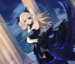 Rule 34 | 1girl, absurdres, alternate costume, arm up, armpits, bare shoulders, bird, black bow, black dress, black gloves, black neckwear, blonde hair, bow, breasts, cleavage, dress, feather hair ornament, fischl (genshin impact), frilled dress, frilled skirt, frills, genshin impact, gloves, green eyes, hair ornament, half-closed eyes, highres, long hair, night, night sky, open mouth, oz (genshin impact), crow, skirt, sky, sleeveless, solo, source request, strapless, strapless dress, thighhighs, two side up, yukineko