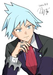 Rule 34 | 1boy, black jacket, blue eyes, blue hair, closed mouth, collared shirt, commentary request, creatures (company), dated, game freak, hand up, highres, jacket, jewelry, long sleeves, looking to the side, male focus, necktie, nintendo, pokemon, pokemon oras, red necktie, ring, shirt, short hair, signature, smile, solo, spiked hair, steven stone, tamura (kouititamura), upper body, white background, white shirt