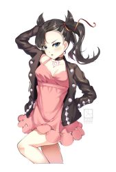 Rule 34 | 1girl, arm behind head, arm up, arms behind back, asymmetrical bangs, black choker, black hair, black jacket, blue eyes, breasts, choker, cleavage, cowboy shot, creatures (company), dress, game freak, hair ribbon, highres, jacket, knee up, looking at viewer, marnie (pokemon), medium hair, mono kuroma, nintendo, open mouth, pendant choker, pink dress, pokemon, pokemon swsh, red ribbon, ribbon, short dress, simple background, small breasts, solo, thighs, twintails, two side up, v-shaped eyebrows, white background