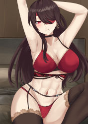 Rule 34 | 1girl, abs, absurdres, armpits, arms up, bare shoulders, beidou (genshin impact), blush, bra, breasts, brown hair, brown thighhighs, choker, cleavage, collarbone, colored eyepatch, earrings, eyepatch, garter belt, genshin impact, hair over one eye, highres, jewelry, lace, lace-trimmed bra, lace-trimmed legwear, lace trim, large breasts, long hair, looking at viewer, navel, panties, red bra, red eyes, red panties, smile, thighhighs, thighs, tian kazuki, toned, underwear