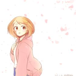 Rule 34 | 1girl, blush, blush stickers, boku no hero academia, breasts, brown eyes, brown hair, buthikireta, commentary request, dated, from side, hand up, hood, hood down, jacket, long sleeves, looking at viewer, open mouth, pants, petals, pink jacket, shirt, short hair, simple background, solo, teeth, twitter username, upper teeth only, uraraka ochako, white background