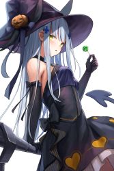 Rule 34 | 1girl, alternate costume, black gloves, blunt bangs, blush, breasts, candy, dress, facial mark, fake tail, food, girls&#039; frontline, gloves, green eyes, hair ornament, halloween costume, hat, highres, hk416 (girls&#039; frontline), holding, holding food, konome noi, leaning, lollipop, long hair, looking at viewer, silver hair, solo, tail, teardrop, tongue, tongue out, very long hair, witch hat