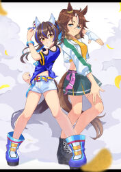 Rule 34 | 2girls, animal ears, belt, black footwear, blue footwear, blue shirt, blurry, blurry foreground, blush, boots, breasts, clenched hands, clenched teeth, closed mouth, colored inner hair, crop top, cross-laced footwear, cutoffs, daitaku helios (umamusume), ear covers, fingerless gloves, futari wa precure, gloves, green eyes, green skirt, highres, horse ears, horse girl, horse tail, izu lemon, jacket, lace-up boots, legs apart, letterboxed, long sleeves, looking at viewer, mejiro palmer (umamusume), miniskirt, multicolored hair, multiple girls, parted bangs, precure, shirt, short shorts, shorts, single glove, skirt, small breasts, smile, smoke, standing, streaked hair, tail, teeth, tied shirt, twitter username, umamusume, watermark, white gloves, white jacket, white shorts, wristband, yellow eyes, yellow shirt