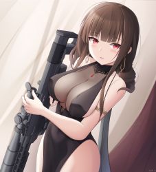 Rule 34 | 1girl, anti-materiel rifle, armlet, bare arms, bare shoulders, black dress, black hair, bolt-action rifle, bolt action, breasts, bullpup, cleavage, collarbone, cowboy shot, dress, dsr-50, dsr-50 (girls&#039; frontline), dsr-50 (highest bid) (girls&#039; frontline), earrings, girls&#039; frontline, gun, halter dress, halterneck, highres, holding, holding gun, holding weapon, jewelry, keenh, large breasts, long hair, looking at viewer, name connection, object namesake, official alternate costume, parted lips, pelvic curtain, red eyes, rifle, scope, see-through, see-through cleavage, sidelocks, sleeveless, sleeveless dress, sniper rifle, solo, standing, strap gap, thighs, weapon