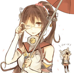 Rule 34 | 10s, 2girls, bare shoulders, bespectacled, blonde hair, brown eyes, brown hair, chibirisu, covering face, female focus, glasses, kantai collection, long hair, looking at viewer, multiple girls, musashi (kancolle), oil-paper umbrella, one eye closed, ponytail, skirt, smile, tongue, tongue out, translation request, umbrella, white background, wink, yamato (kancolle), yellow-framed eyewear, yellow theme
