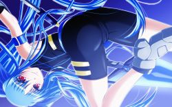 Rule 34 | 1girl, ass, blue hair, highres, long hair, lyrical nanoha, mahou shoujo lyrical nanoha, mahou shoujo lyrical nanoha a&#039;s, mahou shoujo lyrical nanoha a&#039;s portable: the battle of aces, levi the slasher, red eyes, solo, tappa (esperanza), twintails