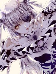 Rule 34 | 1girl, barasuishou, dress, expressionless, eyepatch, flower, flower eyepatch, hair ornament, hands up, highres, kiru (m putorius), long hair, long sleeves, looking to the side, purple dress, rose, rozen maiden, simple background, sketch, solo, two side up, upper body, white background, yellow eyes