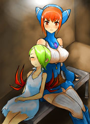 Rule 34 | 2girls, blush, breasts, breath of fire, breath of fire v, capcom, dress, elbow gloves, flat chest, gloves, green hair, han (jackpot), large breasts, lin, lin (breath of fire), multiple girls, nina (breath of fire v), orange hair, red wings, short hair, sleeping, thighhighs, wings