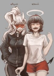 Rule 34 | 2girls, :d, angel, azazel (helltaker), black hair, black jacket, black pants, blush, breasts, collarbone, commentary request, dark persona, demon horns, demon tail, dual persona, grey background, halo, hand on another&#039;s hip, hand up, helltaker, highres, horns, jacket, long hair, loremaster (helltaker), medium breasts, multiple girls, open mouth, pants, ponytail, red goggles, root 12047841, short hair, shorts, smile, sportswear, tail, teeth, time paradox, upper teeth only, wings