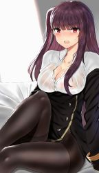 Rule 34 | 1girl, bad id, bad pixiv id, blush, breasts, cleavage, dress shirt, fary5, girls&#039; frontline, hair ribbon, highres, large breasts, long hair, looking at viewer, off shoulder, open mouth, pantyhose, purple hair, red eyes, ribbon, shirt, side ponytail, sitting, solo, wa2000 (girls&#039; frontline)