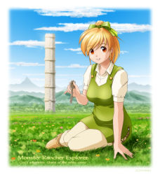 Rule 34 | 1990s (style), 1girl, 2021, beige footwear, blonde hair, blue sky, boots, bow, breasts, cloud, collared shirt, copyright name, dated, day, eyes visible through hair, full body, grass, green bow, hair bow, holding, holding key, key, long hair, looking at viewer, medium breasts, monster farm, mountain, mountainous horizon, orange eyes, pants, pipoo, ponytail, retro artstyle, shirt, short sleeves, sitting, sky, smile, solo, tower, verde (monster farm), white pants, white shirt, yokozuwari