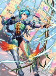 Rule 34 | 1girl, blue eyes, blue hair, boots, bow, bow (weapon), company name, copyright name, cuboon, fire emblem, fire emblem cipher, flower, gloves, leaf, matching hair/eyes, md5 mismatch, nintendo, official art, short hair, solo, tokyo mirage sessions fe, weapon, yumizuru eleanora