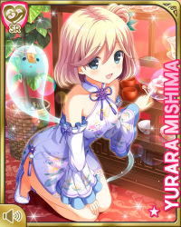 Rule 34 | 1girl, :d, bare legs, bare shoulders, blonde hair, card (medium), carpet, china dress, chinese clothes, day, dress, food, ghost, girlfriend (kari), grey eyes, indoors, jewelry, kneeling, mishima yurara, official art, open mouth, qp:flapper, restaurant, short hair, side ponytail, slippers, smile, solo, tagme, tea kettle, white dress