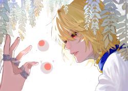 Rule 34 | 1boy, blonde hair, from side, hand up, highres, hunter x hunter, kurapika, male focus, parted lips, plant, red eyes, shirt, solo, trap, wahoxz, white background, white shirt